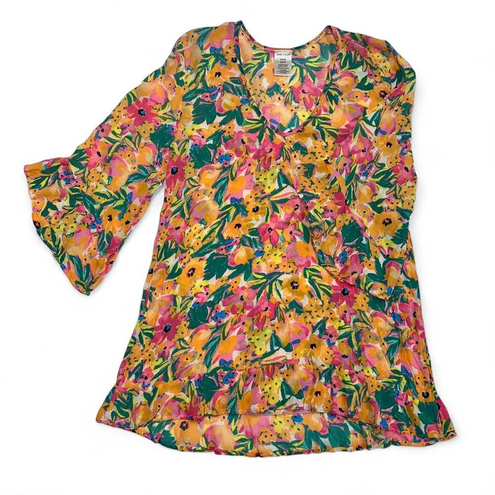 Anne Cole Vibrant Pink & Yellow Bell Sleeve Cover-Up | Size XS/Small